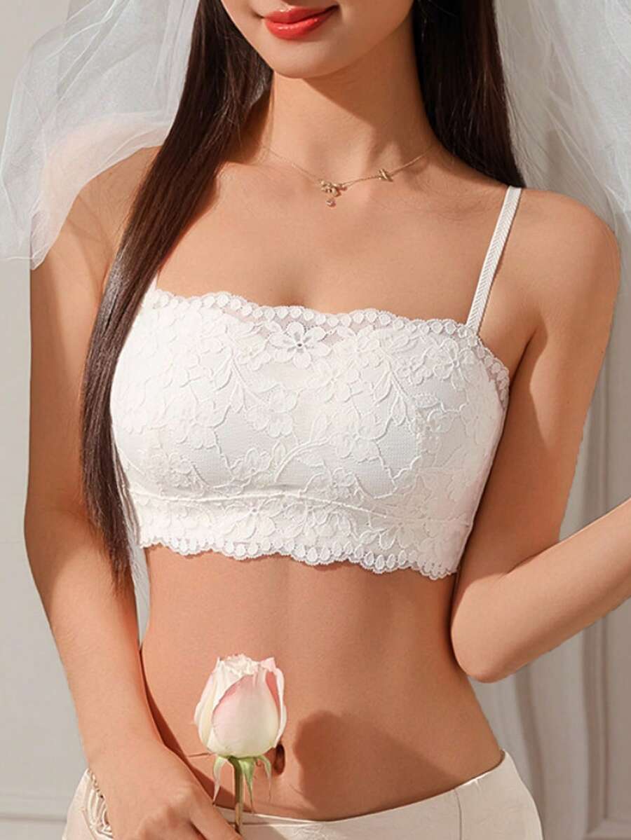 French Lace Strapless Bra For Women With Small Bust, Push-Up To Enhance Size, Lightweight, Comfortable, Anti-Slip, Wire-Free, No Gap Cup - White - View 1