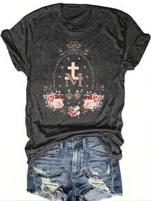 Nueva Camiseta de Moda para Mujer con Cuello Redondo, Camisetaólica de María, Top con Cruz de María, Camisetaólica Floral, Camisa para Mujer Cristiana, Regalo Inspirado en la Fe, Estilo Bási - Negro - Ver 10