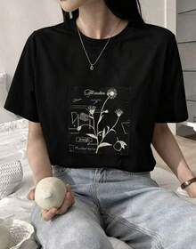 Women's Casual Loose Fit Graphic T-Shirt With Plant Print, New For Spring - Vintage Street Style Unisex Cotton Short Sleeve Crew Neck T-Shirt - 黑色 - 查看 6