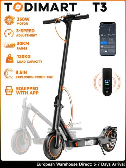 La trottinette électrique Todimart T3S pour adultes, dotée d'une traction avant de 350 W, offre une autonomie maximale de 30 km, trois vitesses, des roues de 8,5 pouces et peut gravir des pentes de 15°. Elle peut être connectée à une application mobile pour un démarrage rapide et des vérifications d'état.