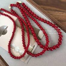 1pc New Red Round Glass Beaded Necklace, Vintage Chinese Style Ingot Clasp Choker, Minimalist Versatile Necklace Accessory - Red - View 9