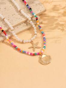2pcs Bohemian Style Colorful Beaded, Faux Pearl, Shell & Starfish Pendant Necklace, Layered Choker For Girls, Beach Vacation, Random Bead Colors - Multicolor - View 2