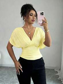 Camiseta de mujer para primavera/verano con malla, forro elástico de punto, elegante para vacaciones, playa, uso diario y casual, con estilo romántico francés, mangas con fruncidos cruzados en los hombros, cintura fruncida con cordón y volantes en el bajo - Amarillo - Ver 5