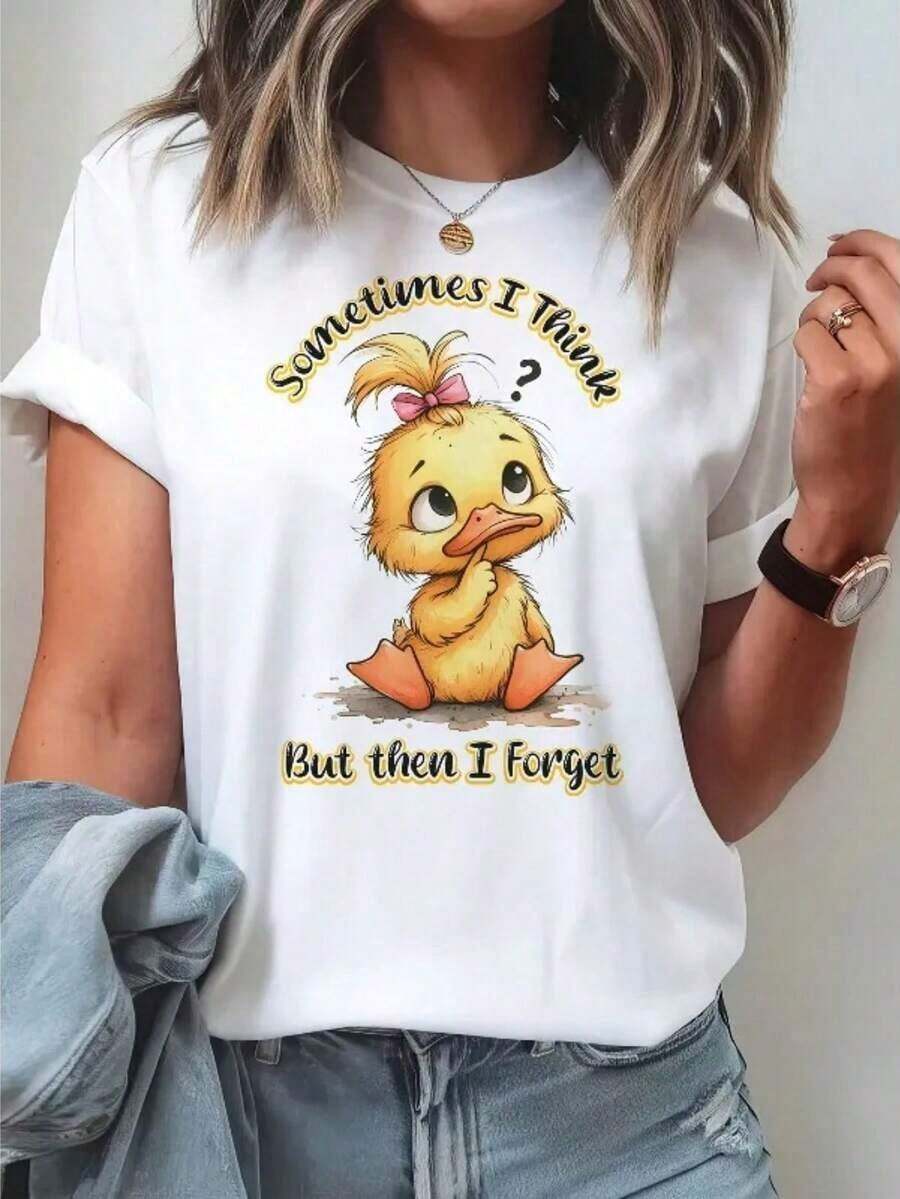 Camiseta Con Estampado De Pato De Dibujos Animados Para Mujer, Top De Manga Corta Con Cuello Redondo Sometimes I Overthink But Forget Later. Blusas Para Mujer Camisa - Blanco - Ver 1