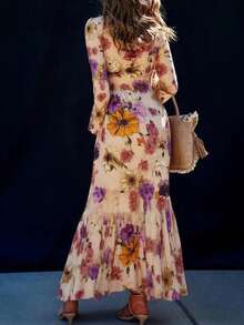 Vestido largo estampado con volantes y cintura marcada, nueva colección 2026 estilo elegante. - Multicolor - Ver 2