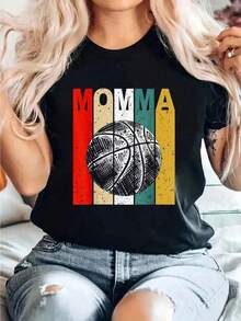 Algodón Camiseta De Baloncesto Para Mamá, Regalo Vintage Para Mamá, Camiseta Estampada, Informal, Cuello Redondo, Manga Corta, Cómoda Para Primavera Y Verano, Ropa Para Mujer, % Algodón. Blusas Para Mujer Camisa - Negro - Ver 8