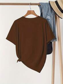 Talla Grande, Camiseta Casual de Manga Corta con Cuello Redondo y Estampado de Frutas Naranjas con Hojas para Mujer de Talla Grande - Café integral - Ver 2