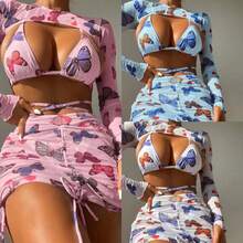 New Sexy Four-Piece Bikini With Butterfly Print And Adjustable Straps. - 藍色 - 查看 2