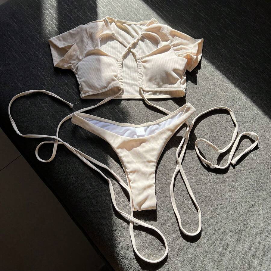 Bikini Sexy para Mujer de Dos Piezas, Estampado a Rayas con Diseño Cut-Out y Cordones – Traje de Baño - lechoso - Ver 1