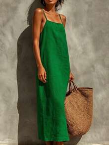 Linen Spaghetti Strap Maxi Dress For Women - Summer Casual Solid Color Beach Vacation Long Dress With Breathable Fabric For Resort Travel Date Night - màu xanh lá - Xem 9