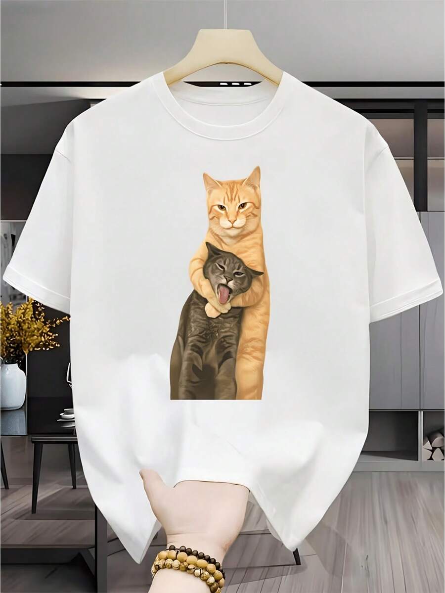 Camiseta de manga corta transpirable para hombre con diseño de gato abrazando, ideal para amantes de los gatos y entusiastas de las mascotas. - Blanco - Ver 1
