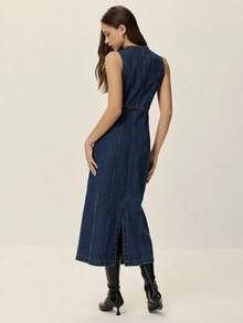 Vestido ajustado simple sin mangas con botones delanteros, casual para uso diario de mujeres - Azul lavado oscuro - Ver 2