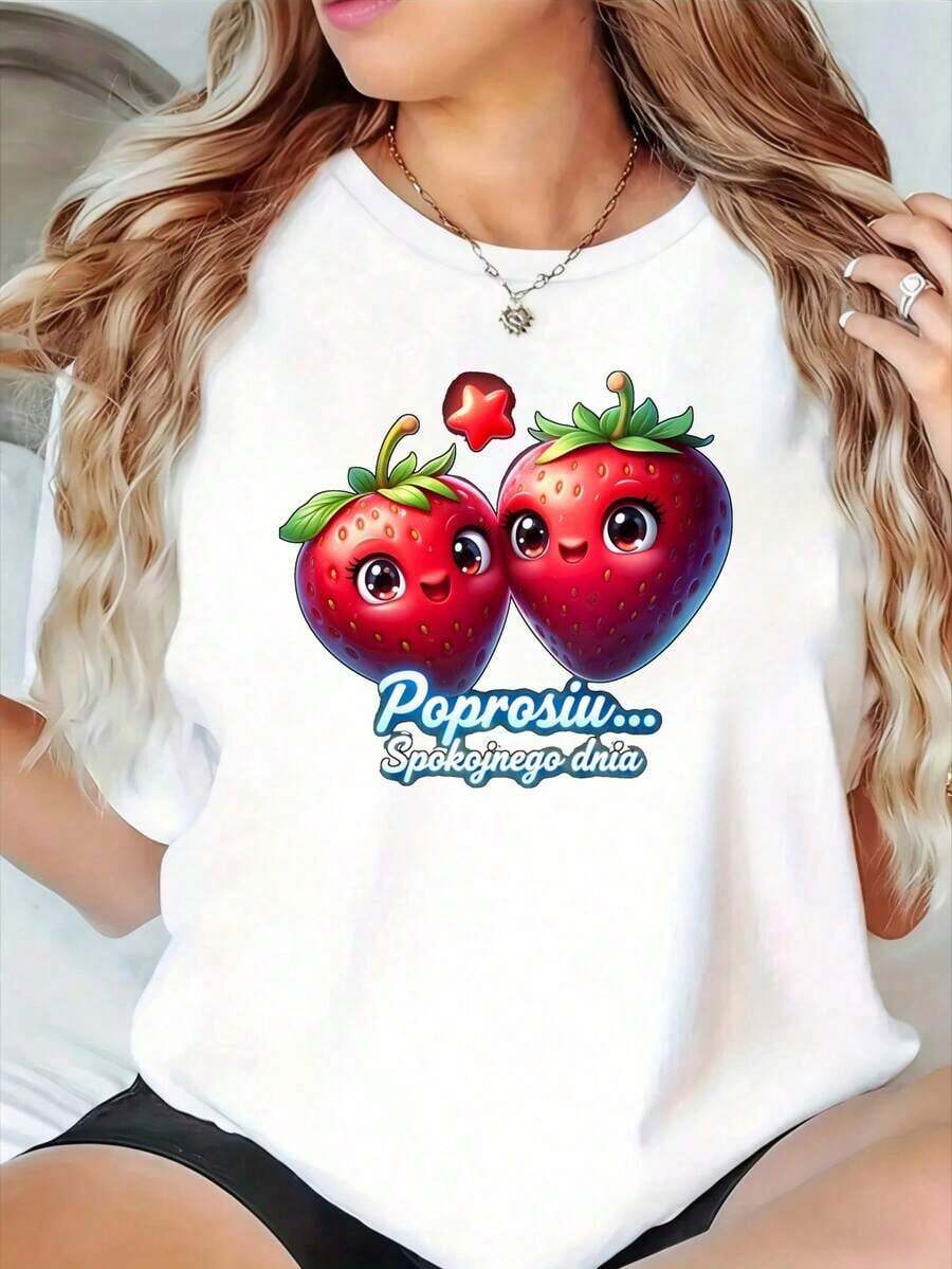 Camiseta casual con estampado divertido, cuello redondo, diseño de pareja de fresas, frase en polaco 'Poprosiw Spokojnego Dnia', camiseta con gráfico de fruta linda, adecuada para regalos navideños, 100% algodón, duradera. - Blanco - Ver 1