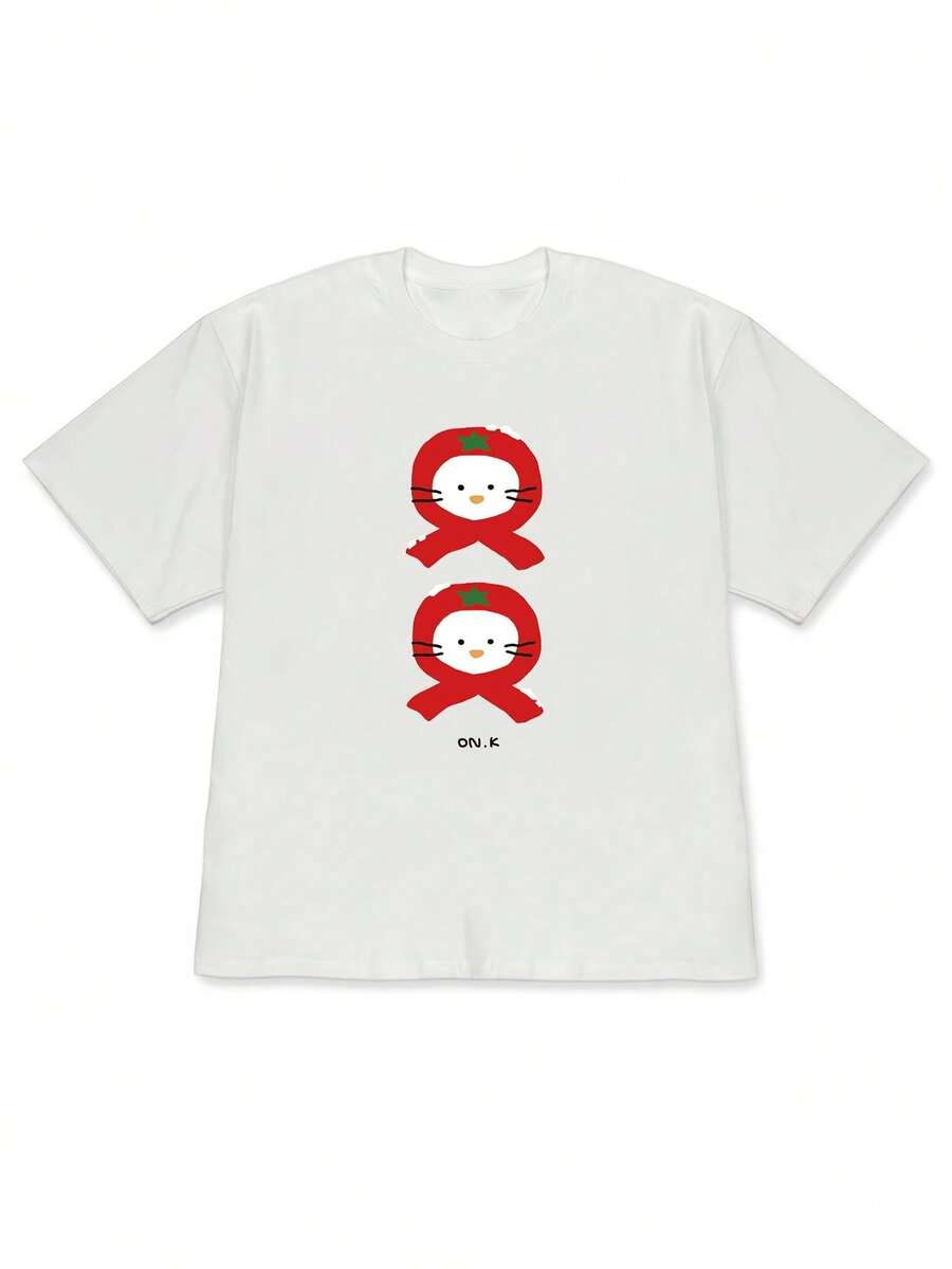 Ropa de alta calidad para mujer de primavera/verano 2026, casual y elegante con hombros caídos, camiseta de manga corta con divertido estampado de gato tomate y muñeco de nieve, estilo unisex holgado y adorable con hombros caídos - Blanco1 - Ver 1