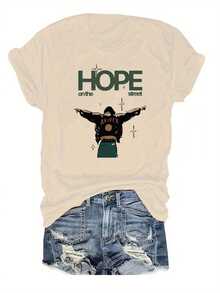Women's Plus Size "Hope On The Street" Graphic T-Shirt - Casual Crew Neck, Short Sleeve, Lightweight, Summer And Spring Fashion, Relaxed Fit, Everyday Wear T-Shirt | Loose Fit T-Shirt | Lightweight Fabric - 杏色 - 查看 1