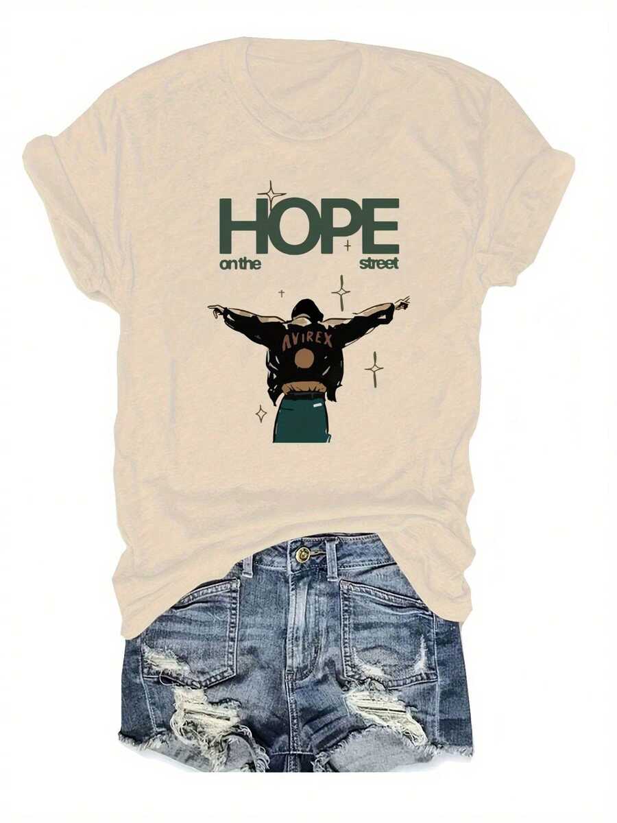 Women's Plus Size "Hope On The Street" Graphic T-Shirt - Casual Crew Neck, Short Sleeve, Lightweight, Summer And Spring Fashion, Relaxed Fit, Everyday Wear T-Shirt | Loose Fit T-Shirt | Lightweight Fabric - 杏色 - 查看 1