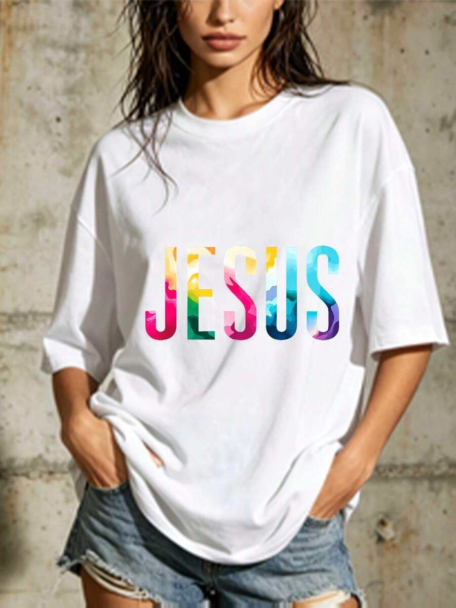 Camiseta de manga corta para mujer con estampado colorido de Jesús, 180g - Un regalo para Pascua y fiestas de verano, adecuada para uso diario casual, salidas familiares y actividades grupales. - Blanco - Ver 1