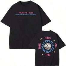 Camiseta con estampado del nuevo álbum de Harry Style 2026, diseño "Kiss All The Time", de alta calidad, estilo Harajuku de verano, estilo vintage puro, unisex, holgada, de algodón, manga corta, cuello redondo, blusas para mujer. blusas.blusas casuales para dama.Impresión de osos cariñosos.Camiseta estampada Impresión de osos cariñosos. - Negro - Ver 1