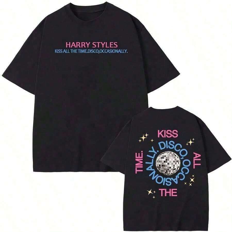 Camiseta con estampado del nuevo álbum de Harry Style 2026, diseño "Kiss All The Time", de alta calidad, estilo Harajuku de verano, estilo vintage puro, unisex, holgada, de algodón, manga corta, cuello redondo, blusas para mujer. blusas.blusas casuales para dama.Impresión de osos cariñosos.Camiseta estampada Impresión de osos cariñosos. - Negro - Ver 1