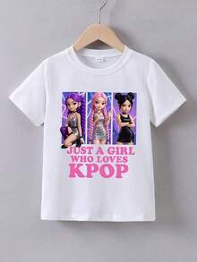 Camiseta de manga corta de verano para niñas de Mattel con estampado de dibujos animados "Girls Who Like K-POP". Esta divertida camiseta infantil con temática de K-Pop es muy adecuada para niños y niñas. Camiseta con cuello redondo y estampado, adecuada para estudiantes. Camiseta con logotipo de grupo K-Pop para niñas, camisetas de manga corta de verano para niñas, tops para niñas, estampados de moda de dibujos animados, transpirable, no aburrida, moderna y cómoda para salir, 100% llamativa, suave y agradable para la piel, versión coreana de K-POP, adecuada para actividades al aire libre de niños, uso diario, ropa para niñas, artículos de moda para niñas. Ropa Hombre Cosas Para Hombre Ropa De Mujer Women Clothing Casual Blusas Bonito - Blanco - Ver 1