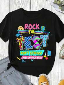 Stylish And Casual Women's Short-Sleeved Rock The Test T-Shirt With Fun Graphic Print For Back To School, Casual White Clothing For Students In Summer And Autumn. - 黑色 - 查看 3