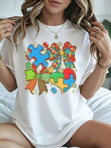 Elegante y casual para mujer, manga corta, camiseta con estampado de pieza de rompecabezas y lazo, ropa casual blanca para primavera y verano. - Blanco - Ver 8