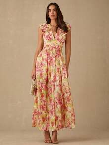 Mujeres elegante vestido estampado dividido (patrón aleatorio) - Amarillo - Ver 3