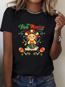 Camiseta de Mujer   Camiseta de mujer con un estampado colorido que muestra muñecas tradicionales mexicanas y la inscripción "Viva México", talla estándar.   Tops para salir para mujeres. - Negro - Ver 7