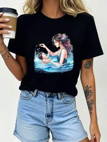 Camiseta con diseño de dibujos animados "Amor Maternal", camiseta casual suave de 180g para mujer, perfecta para momentos de unión familiar, baby showers o como regalo de cumpleaños-también - Negro - Ver 7