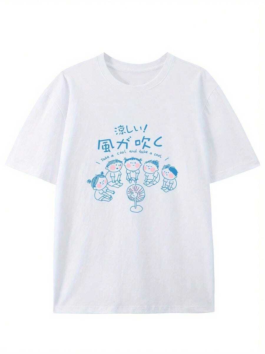 Camiseta de moda de verano de puro algodón, estilo vintage, de manga corta, con estampado gráfico creativo de dibujos animados y cuello redondo - Blanco - Ver 1