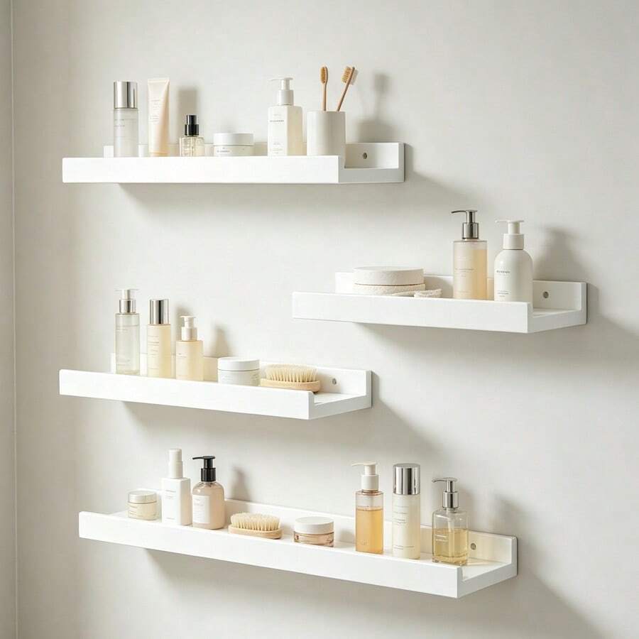 1pc White No-Drill Bathroom Floating Shelf, Minimalist Anti-Fall Wall Storage Rack, Easy Installation & Customizable Combination, Stylish Storage Shelf Suitable For Small Apartments And Dorms, Storage For Skincare Products And Decor, No Wall Damage, Enhances Bathroom Aesthetics - White - View 1