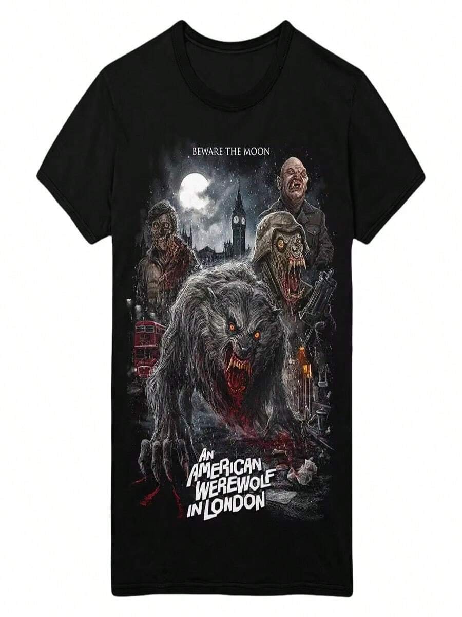 "Un hombre lobo americano en Londres", cuidado con la luna, camisetas, películas de terror, Halloween. - Negro - Ver 1
