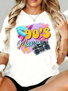 Camiseta Retro Vintage Estilo Mama de los 90 para Mujer, Casual de Verano, con Diseño Gráfico de Boombox y Labios, Blanca, Talla Grande, 180g, para Ocio, Hogar, Aire Libre, Regalo para Fiesta de San Valentín - Blanco - Ver 7