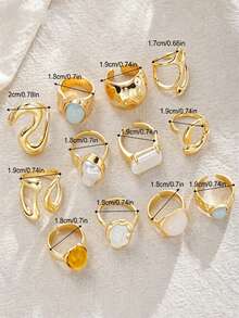 5/12pcs Set Fashionable Bohemian Geometric Hollow Asymmetric Abstract Design Faux Pearl Adjustable Gold Tone Faux Gemstone Colorful Ring Set, Jewelry Accessories Suitable For Women's Daily And Party Decoration, Gift - Yellow Gold - View 4
