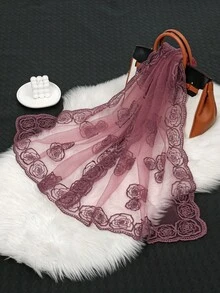 1pc Women's Rose Embroidered Scarf, Lightweight Breathable Lace Headscarf - Multicolor Rose Embroidery - View 13