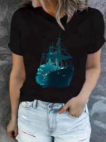 Camiseta de verano para mujer, de manga corta y estampada, moderna y casual, lavable a máquina, ajuste cómodo, estampado plano 2D. - Negro_10 - Ver 12