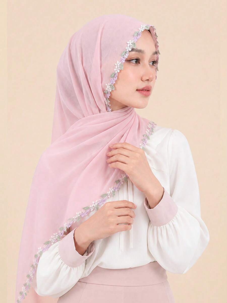 1pc Women's New Floral Chiffon Headscarf, Soft Breathable Versatile Scarf, Muslim Sun Protection Hijab Headwrap, Suitable For Daily Wear In All Seasons - Multi-colored - Pink and Green Lace Long Scarf - View 1