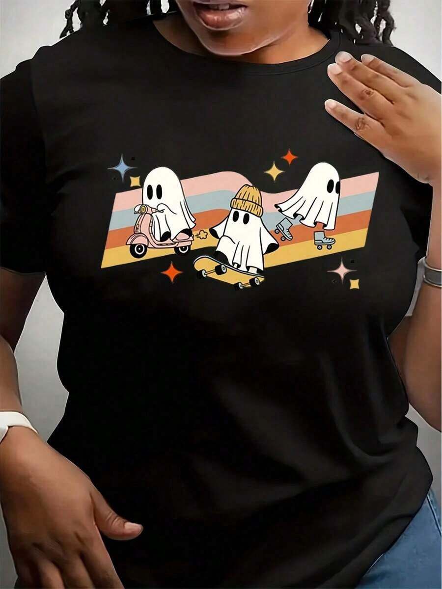 Camiseta de Fantasmas Lindos de Halloween, Camiseta de Fantasmas con Scooter y Patineta, Camiseta de Halloween, Regalo de Halloween - Negro - Ver 1