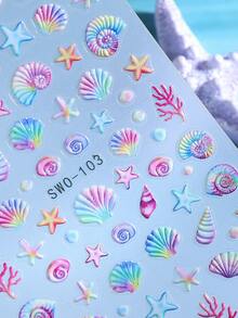 2 Sheets Ocean Colorful Starfish Seashell Nail Stickers Wave Coral Pattern 5D Embossed Nail Decals Summer Beach Tropical Marine Themed 3D Self‑Adhesive Manicure Decor - Multicolor - View 7