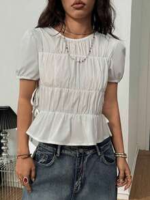 Blusas de mujer con manga corta, cuello redondo, fruncido, encaje y abertura lateral para primavera y verano, estilo Y2K ideal para citas, festivales de música y conciertos - Blanco - Ver 6