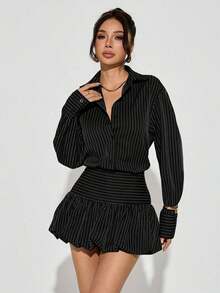 PETITE Conjunto casual para mujer, atuendos de otoño para mujer, falda de burbujas marrón y blusas, rayas marrones - Negro - Ver 1
