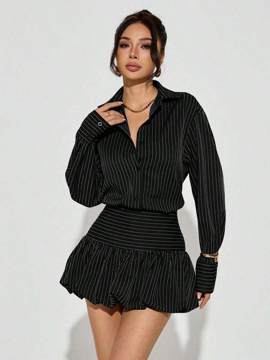 PETITE Conjunto casual para mujer, atuendos de otoño para mujer, falda de burbujas marrón y blusas, rayas marrones - Negro - Ver 1