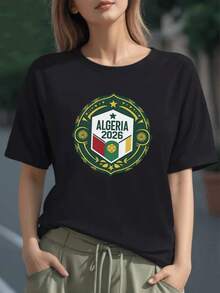 Símbolo de escudo con estrella y balón dorado que representa orgullo nacional de Argelia y pasión por el fútbol camino a 2026 camiseta para mujer 100% algodón - Negro - Ver 6