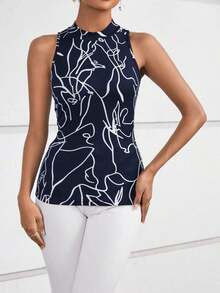 Top tank con estampado de dibujo de cuello alto - Azul y blanco - Ver 4