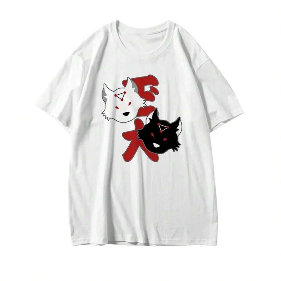 Bonita camiseta blanca unisex de manga corta con cuello redondo estilo Y2K y estampado de zorro de dibujos animados, top informal de tejido de punto para estilo streetwear. - Blanco - Ver 1