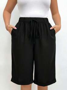 Pantalones cortos holgados de lino de talla grande para mujer, de unicolor, con bolsillo y lazo en la cintura, pantalones cortos anchos y de pierna ancha, pantalones cortos modestos para vacaciones y verano, color negro - Negro - Ver 3