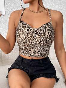 Top de tirantes con estampado de leopardo escote drapeado - Multicolor - Ver 6