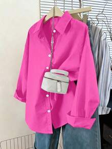 Camisa casual/de trabajo de manga larga, de un solo pecho y de unicolor para mujer de talla grande - Rosa Fucsia - Ver 10