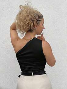 Top ajustado con hombro asimétrico y fruncido en color albaricoque, de estilo minimalista, elegante y versátil para uso diario y de oficina, primavera/verano - Negro - Ver 2