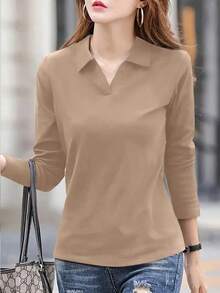 Camiseta casual, versátil, de manga larga y cuello vuelto, de unicolor, para mujer, primavera y verano - Caqui - Ver 4